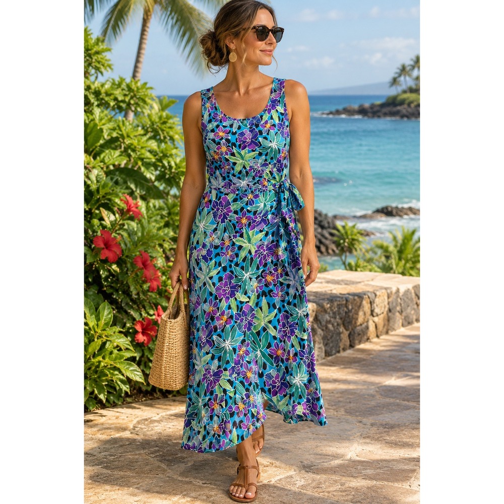 Vintage 90s Silk Faux Wrap Maxi Dress 10 Spencer and Jeremy Blue Purple Tropical